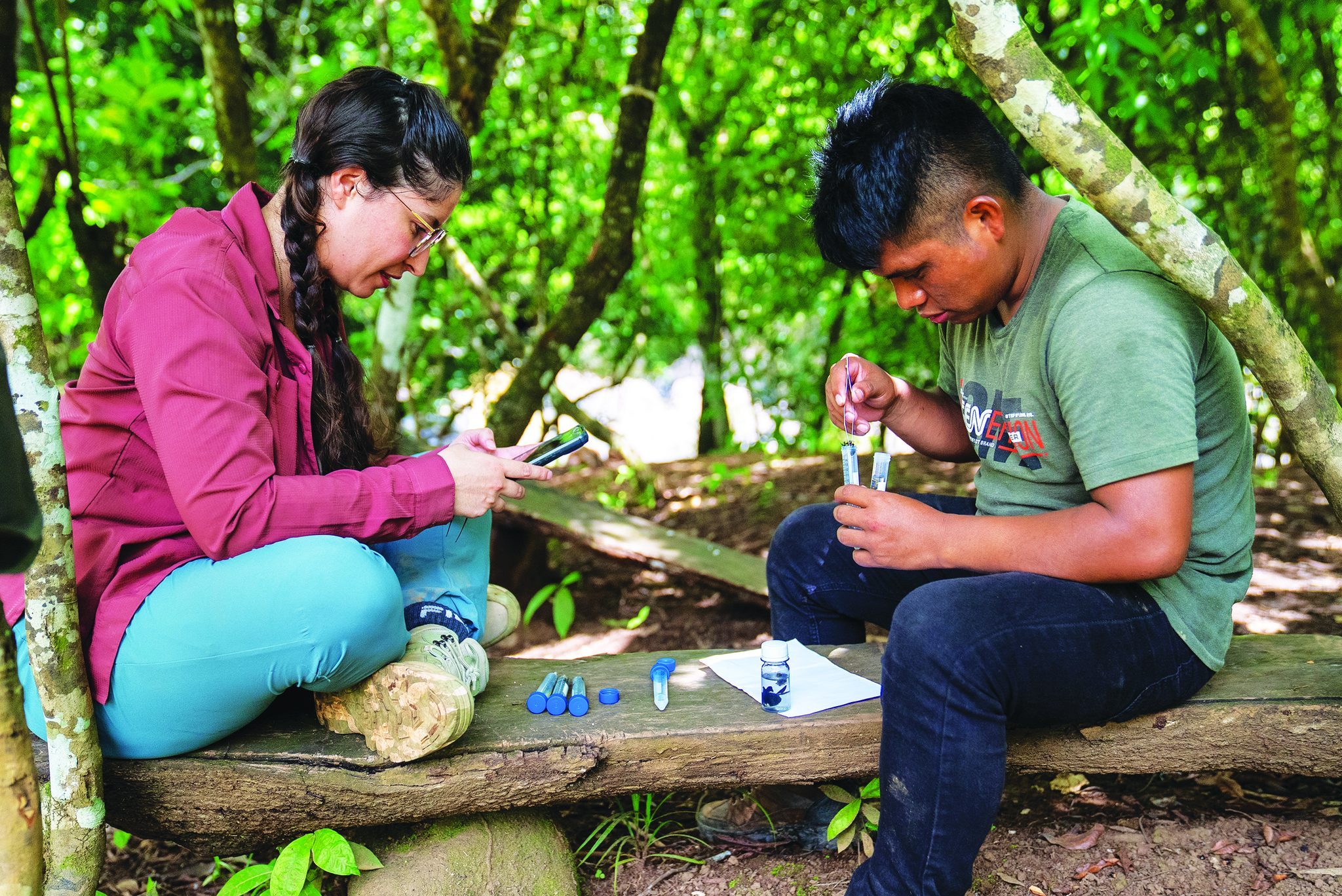Danny Hernández Cuadra y Gabriel Santo examinando abejas